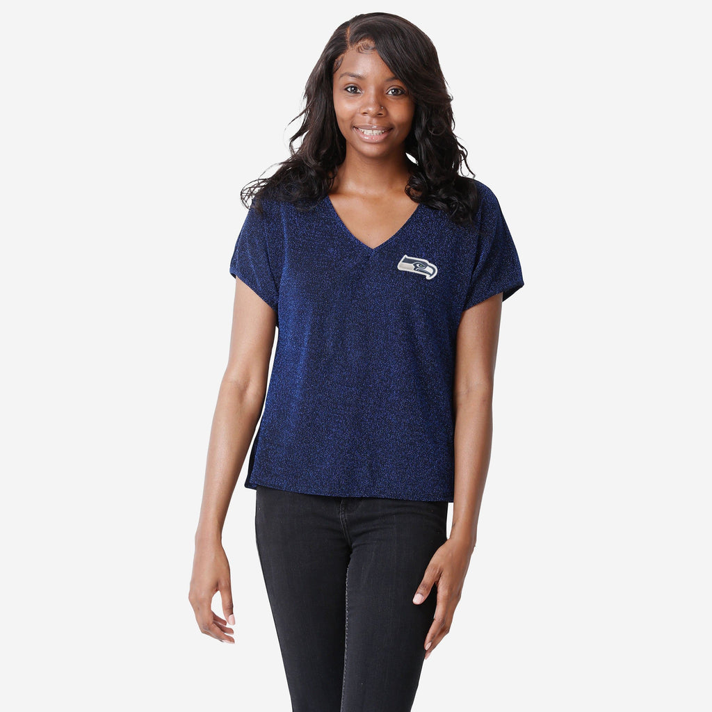 Seattle Seahawks Womens Gametime Glitter V-Neck T-Shirt FOCO S - FOCO.com