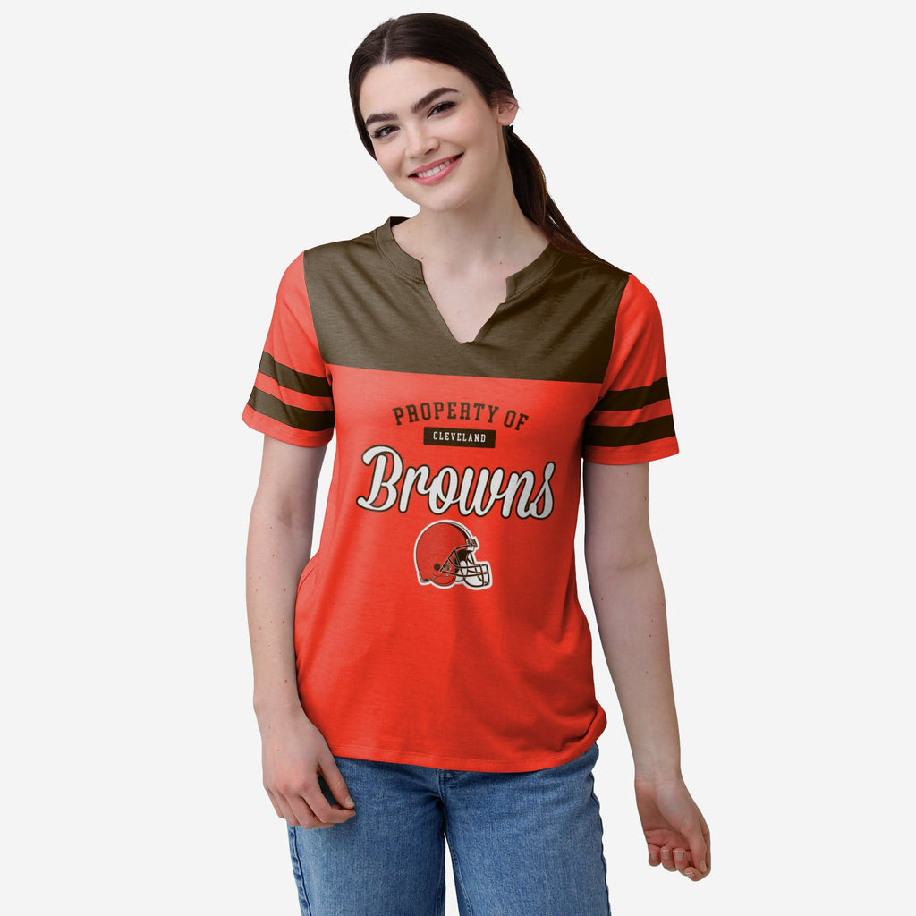 Cleveland Browns Womens Team Stripe Property Of V-Neck T-Shirt FOCO S - FOCO.com