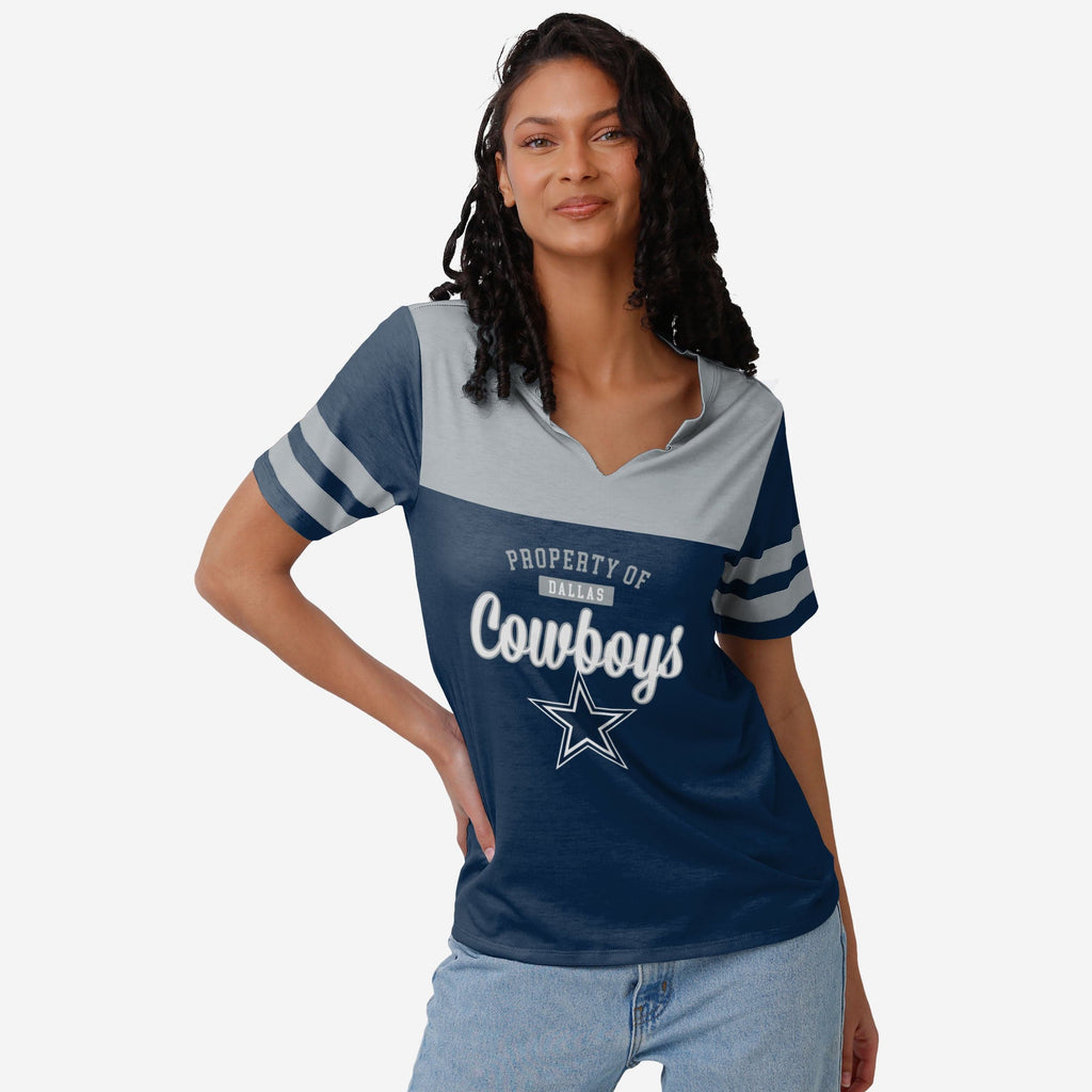 Dallas Cowboys Womens Team Stripe Property Of V-Neck T-Shirt FOCO S - FOCO.com