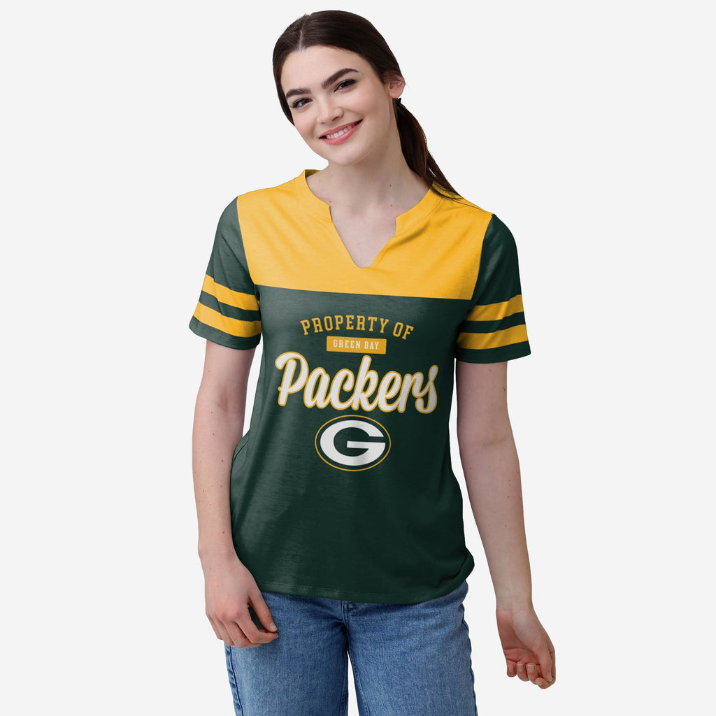 Green Bay Packers Womens Team Stripe Property Of V-Neck T-Shirt FOCO S - FOCO.com