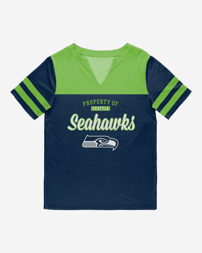 Seattle Seahawks Womens Team Stripe Property Of V-Neck T-Shirt FOCO - FOCO.com