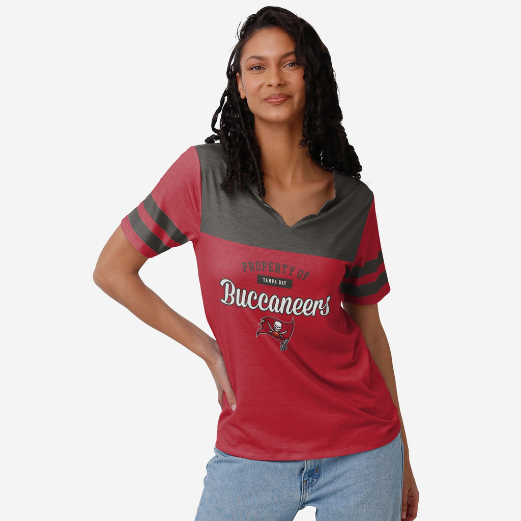 Tampa Bay Buccaneers Womens Team Stripe Property Of V-Neck T-Shirt FOCO S - FOCO.com